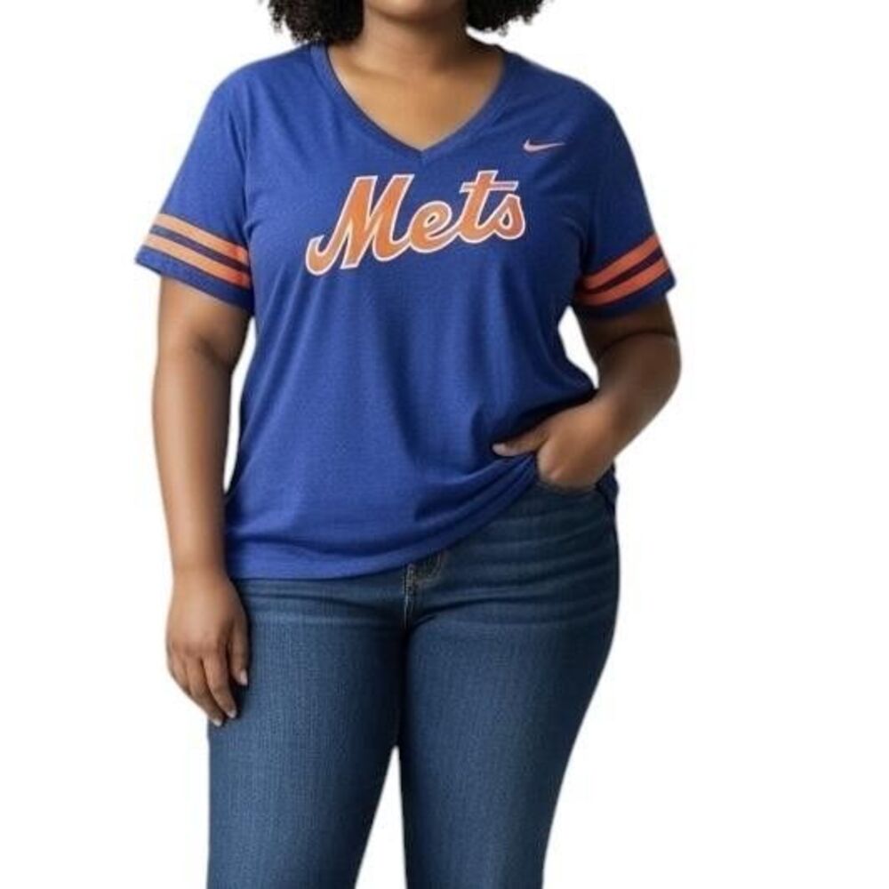 New York Mets Shirt Womens XL Blue MLB Baseball Nike V Neck Stripe Sleeves